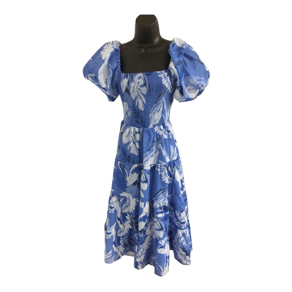 Blue floral puff sleeve smocked bodice square neckline tiered‎ dress size Medium